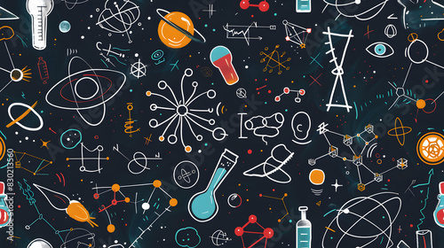 A seamless pattern featuring various scientific instruments and space icons, including beakers, atoms, and planets on a dark background, ideal for educational and decorative use.