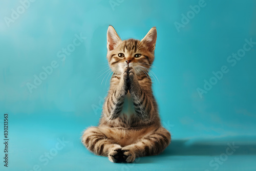 Cute cat doing yoga exercise on color background.