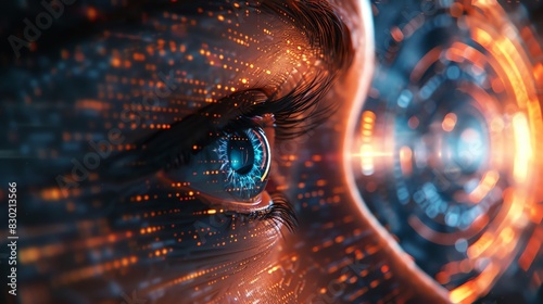 Futuristic AI  macro view  in a digital vortex  neonlit  blending human and technology  scifi era