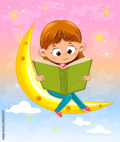 Happy kid reading a book. A little girl with a book in her hands sits on a cartoon moon. The girl is reading a book © Oleg Lytvynenko