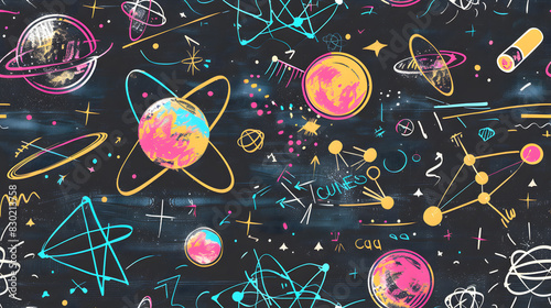 A seamless pattern featuring colorful space and science illustrations, including planets, atoms, and scientific formulas on a dark background, ideal for educational and creative projects.