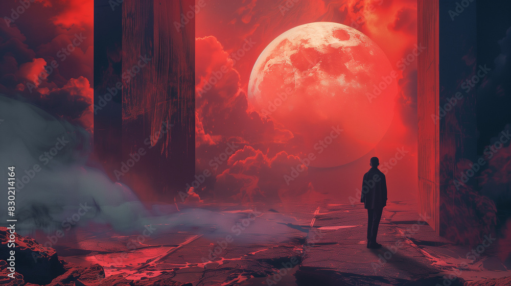 Fototapeta premium Man standing in front of a large red moon in the sky.