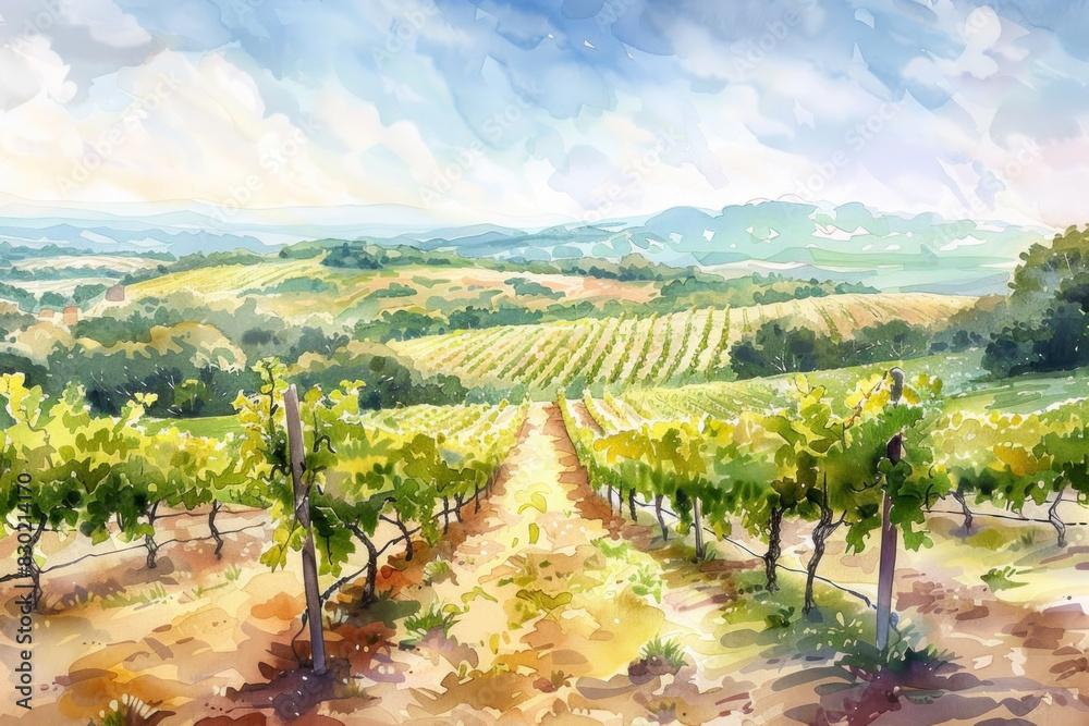 Vineyard Illustration, Artistic depiction of a vineyard, Natural and Elegant, Wine Country Charm
