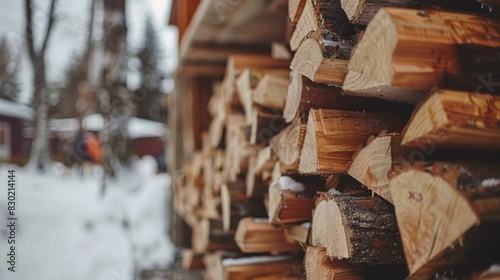  A multitude of logs piled high in front of a snow-covered building Ample snow blankets the ground, with trees visible in the background photo