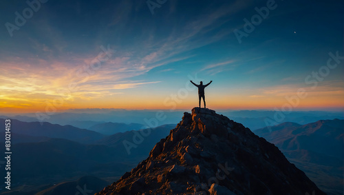 A lone person stands on top of a big mountain with hands towards the sky as to celebrate their achievement