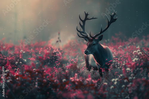 Red deer stag in the misty meadow with red wildflowers