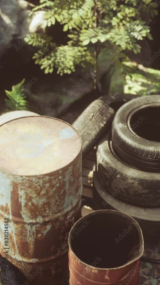 old used wheels in the tropical forest as pollution concept old used wheels in the tropical forest as pollution concept