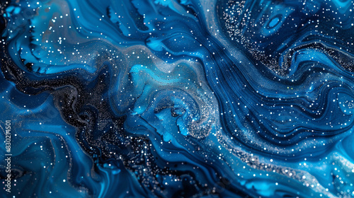 Generate an AI visualization showcasing marble ink patterns blended with shimmering sky blue glitter.