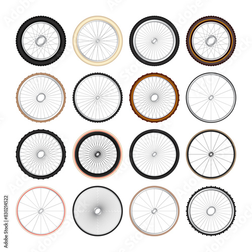 Realistic 3d retro bicycle wheels. Vintage bike rubber tyres, shiny metal spokes and rims. Fitness cycle, touring, sport, road and mountain bike. Vector illustration