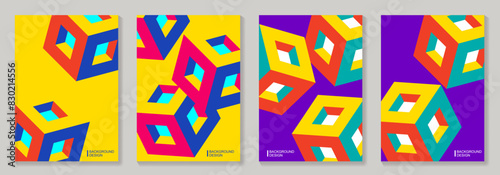 Modern abstract covers set with 3D geometric colorful  background for cover design, brochure, catalog, menu design, social media, flyer, cards, poster. Op art vector illustration with optical illusion