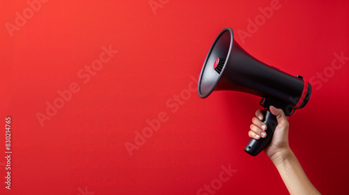A woman's hand holds a black loudspeaker on a red background. announces a discount promotion. Concept of recruitment, advertising. Copy space photo