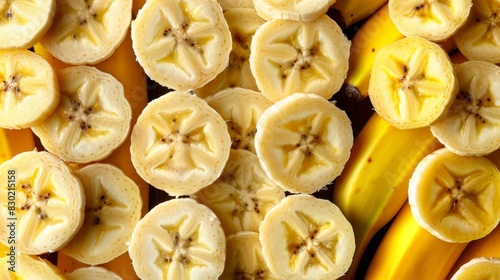 A tight shot of bananas, halved and stacked, exhibiting a starry pattern on their skins
