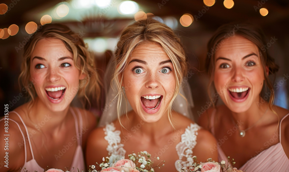 Excited Bridesmaids and Bride Holding Flowers in a Joyous Wedding Celebration with Bokeh Lights Background Excited Bridesmaids and Bride Holding Flowers in a Joyous Wedding Celebration with Bokeh Lights Background