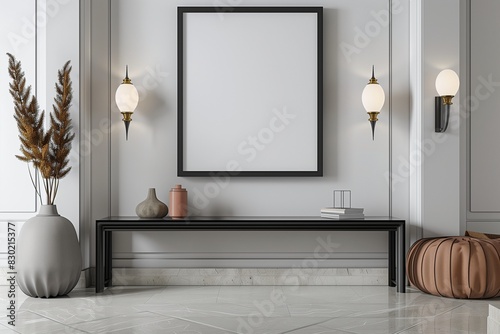 /imagine: A stylish entryway with an empty wall frame mockup in a matte black finish, flanked by modern sconces and a sleek console table.