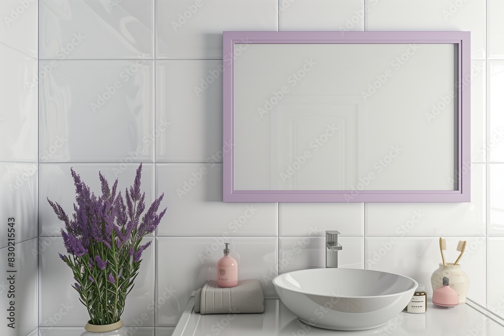 Fototapeta premium /imagine: A tranquil bathroom with an empty wall frame mockup in a soft lavender color, adding a touch of serenity to the clean, white space.