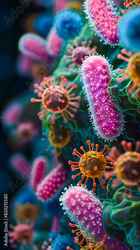 Colorful Microscopic Closeup of Bacteria and Microbes  Detailed Cellular Structures  and Microorganisms in a Scientific Setting