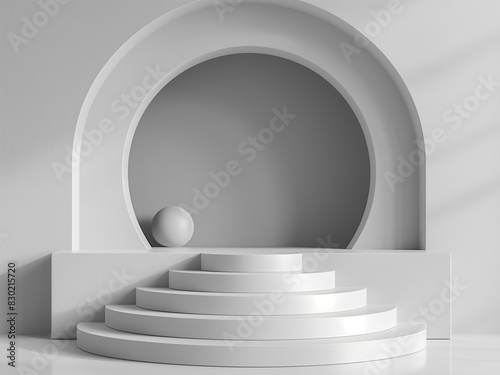 Modern marble podium. Empty round platform stage with decorative arch  white podium for display product illustration. Advertising 3d podium