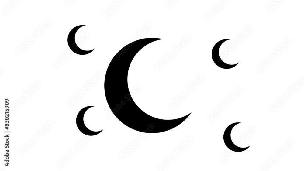 Zoom in and out animation the moon symbol. Large black symbol in the center and four small symbols around. Seamless looped 4k animation on white background