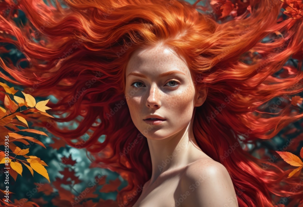 Fantasy image of a red-haired girl in fall foliage Fantasy image of a red-haired girl in fall foliage