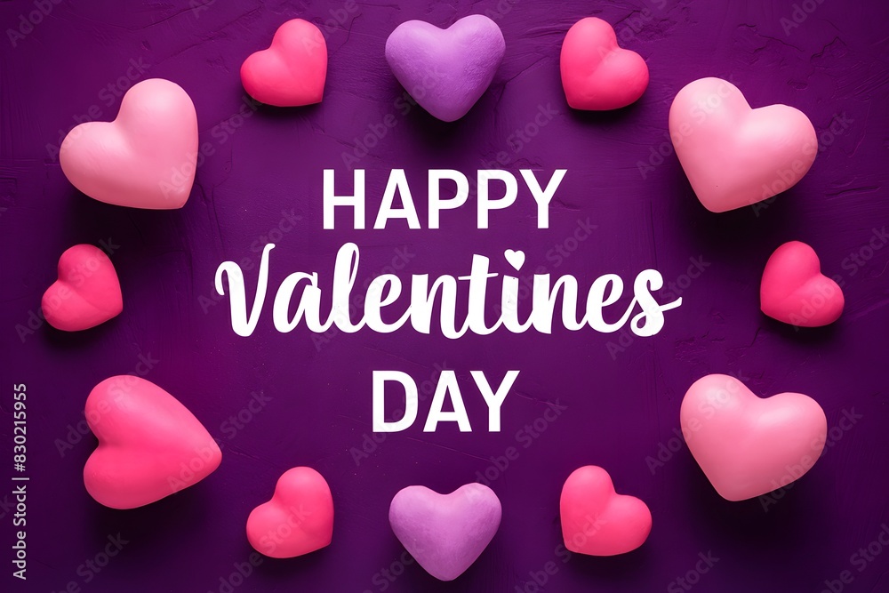 Romantic purple backdrop with heart shapes in shades of pink, Happy Valentines Day text