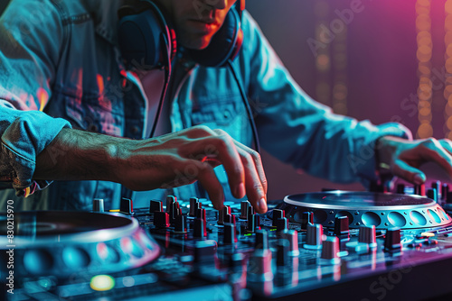 A DJ mixes tracks on a console under vibrant lights, capturing the energy of electronic music.