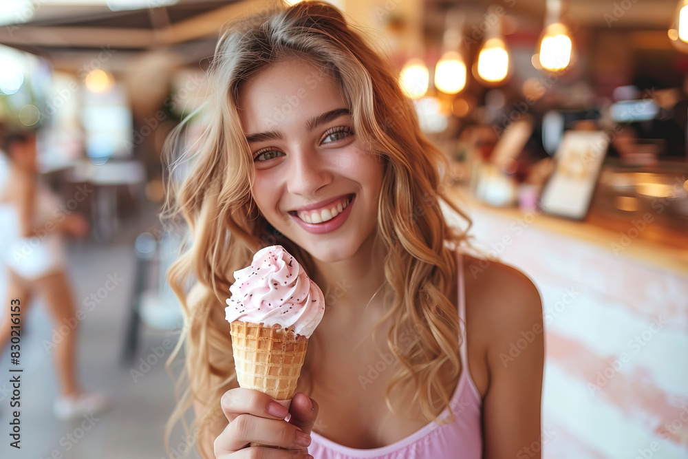 The girl with a seductive gaze holds ice cream in her hand, expressing a desire to indulge in it. Ice cream advertisement The girl with a seductive gaze holds ice cream in her hand, expressing a desire to indulge in it. Ice cream advertisement