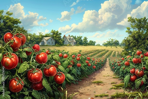 Bushes of red tomatoes in a farm field in the south in a mountainous area and farm houses in the distance