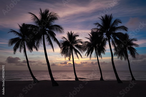A tranquil tropical beach at sunset with palm tree silhouettes against colorful sky