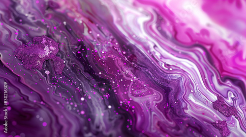 Generate an AI depiction of marble ink textures combined with sparkling magenta glitter.