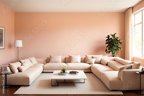 Peach fuzz interior room color for 2024 with pastel wall accent paint in apricot salmon orange shades, featuring ivory creamy luxury furniture, sofa, and tan pillows, 3D render 