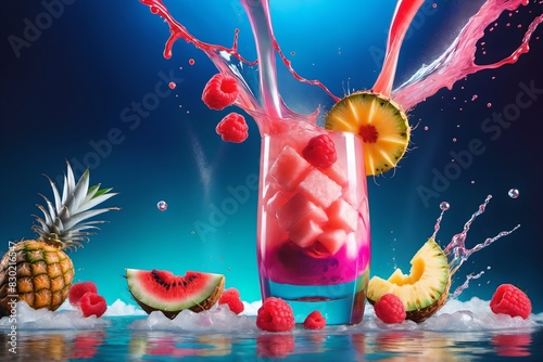
A bright and desirable cocktail with fresh fruits and berries, ideal for summer parties, presented in a mockup with copy space. photo