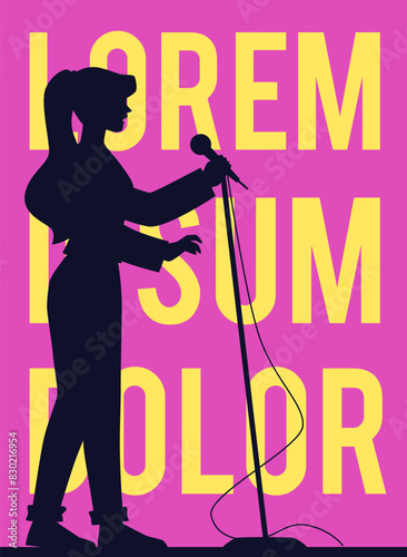 Vector poster with a black silhouette of a stand-up comedian performing in a comedy show