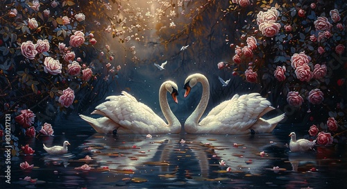 Fototapeta Naklejka Na Ścianę i Meble -  Two white swans swimming in a pond, surrounded by flowers and butterflies. A beautiful and serene scene.