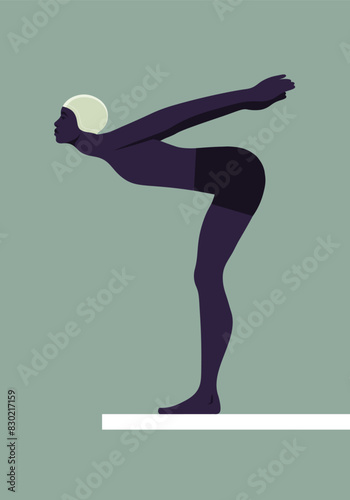 An African swimmer is preparing to jump from a springboard into the water. Water sports. Vector flat illustration