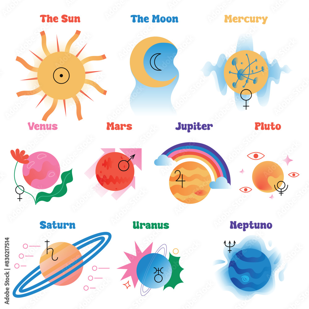 Planets and Energy Illustrations Set. Collection of planets and their astrological energies. Vector flat illustration. Planets and Energy Illustrations Set. Collection of planets and their astrological energies. Vector flat illustration.