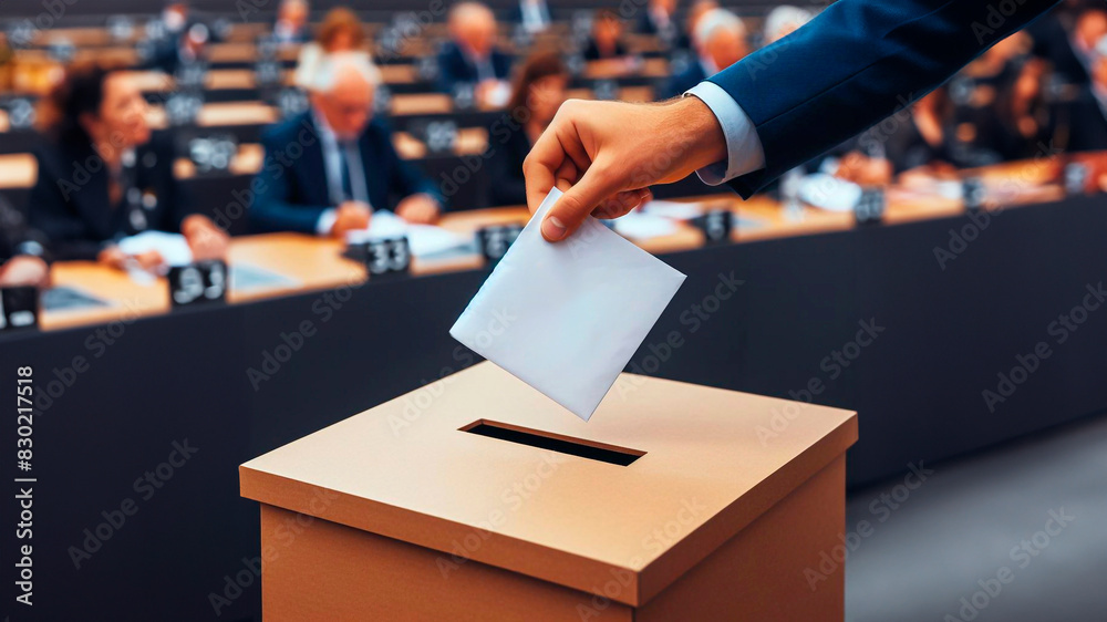 A hand puts an envelope into a ballot box during elections to the European Union Parliament, close-up A hand puts an envelope into a ballot box during elections to the European Union Parliament, close-up