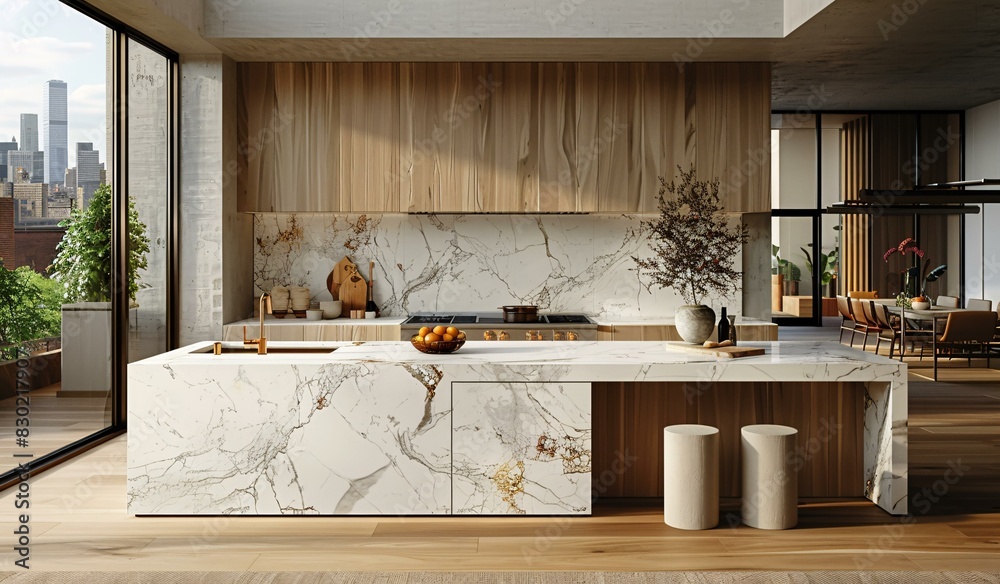 A kitchen with a marble countertop and wooden cabinets, featuring a marble island and a large window. The kitchen is clean and ready for use. A kitchen with a marble countertop and wooden cabinets, featuring a marble island and a large window. The kitchen is clean and ready for use.