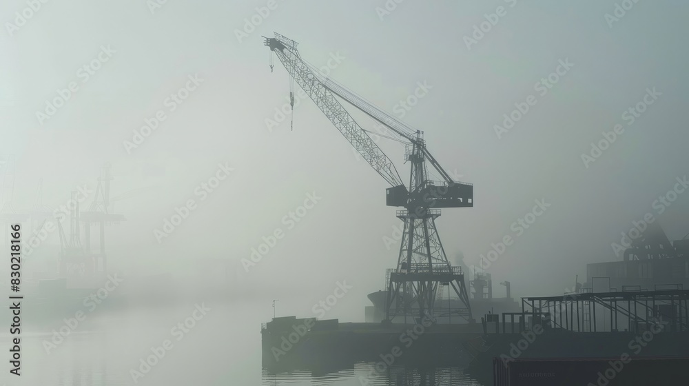 Air pollution at a river port with a portal crane in the morning fog.

