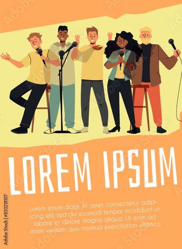 Comedy show flyer with characters and space for text.