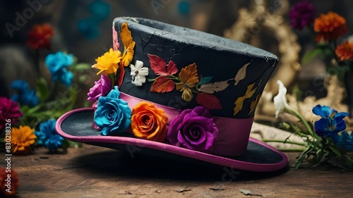 A close-up of a colorful, cracked old top hat surrounded by fanciful flowers. Background with a Mad Hatter mood