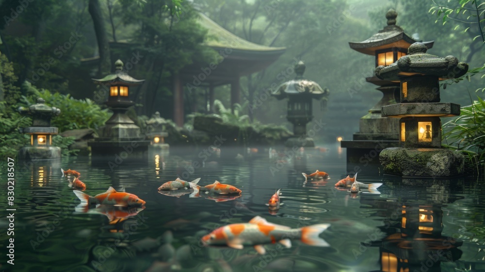 Image showcasing A serene Japanese-style goldfish pond with graceful koi fish swimming ...