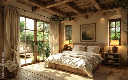 The bedroom features a large bed with a white comforter, a window with a view of the outdoors, and a chair.  © Gayan