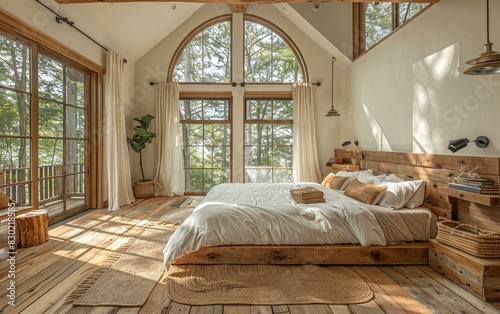 The bedroom has a large bed with a white comforter and a window with a view of trees. The room also features a potted plant and a vase on the windowsill. © Gayan