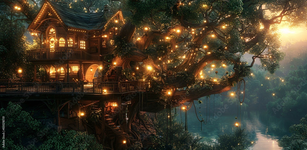A tree with a house on top, surrounded by a glowing light. The tree is lit up with lights, creating a beautiful and enchanting scene.