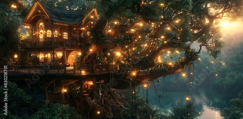 A tree with a house on top  surrounded by a glowing light. The tree is lit up with lights  creating a beautiful and enchanting scene.