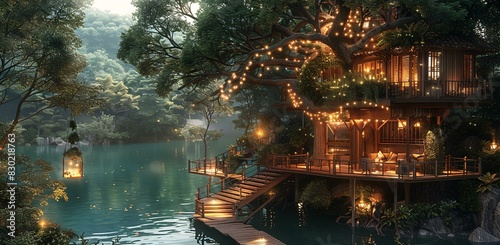 A house on a tree with a bridge leading to it. The house is surrounded by trees and has a lighted walkway leading to it. The scene is set at night, with the house illuminated by lights.