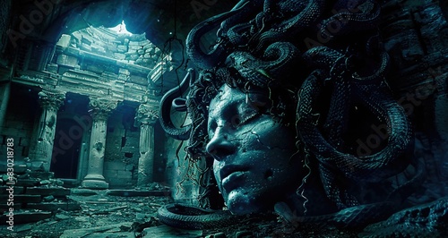 Medusa with snake hair, mythological background photo
