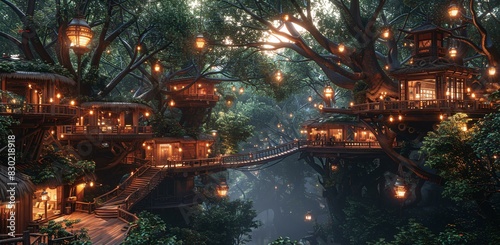 A beautiful scene of treehouses in the woods with a bridge connecting them. The treehouses are surrounded by trees and have lights on them  creating a magical atmosphere.