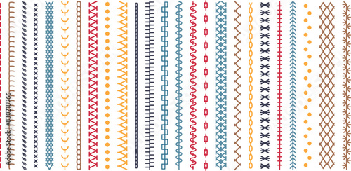 Sew stitch. Colorful seamless pattern brush embroidery thread seam, fabric sewing machine stitches line border, textile seam. Needlework	