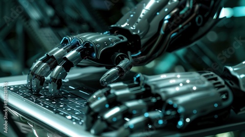 A robot's hand typing on a laptop keyboard.    © Chingiz